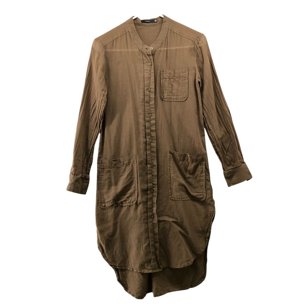 Aritzia Talula Midi Shirt Dress XXS Long Sleeve Lightweight Cotton‎ Round Brown